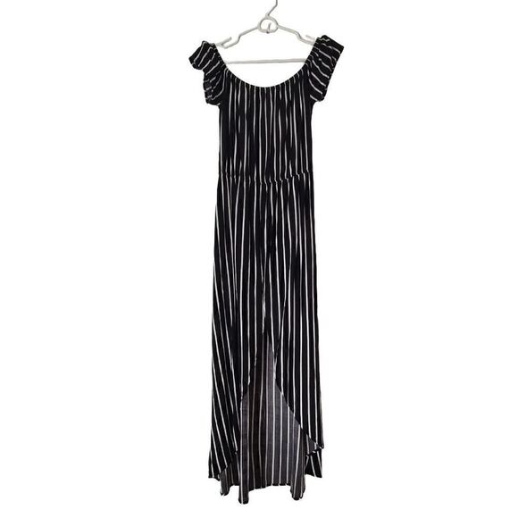 Ambience Pants - Ambiance Women's Size Medium Black White Striped On/Off Shoulder Hi Low Romper